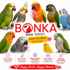 Promotional image of Bonka Bird Toys with colorful parrots and brand information.