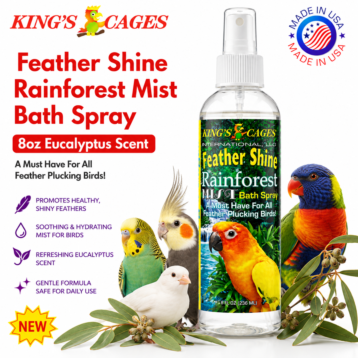 Kings Cages Rainforest Mist Feather Shine Bath Spray For 8oz - Bonka Bird Toys