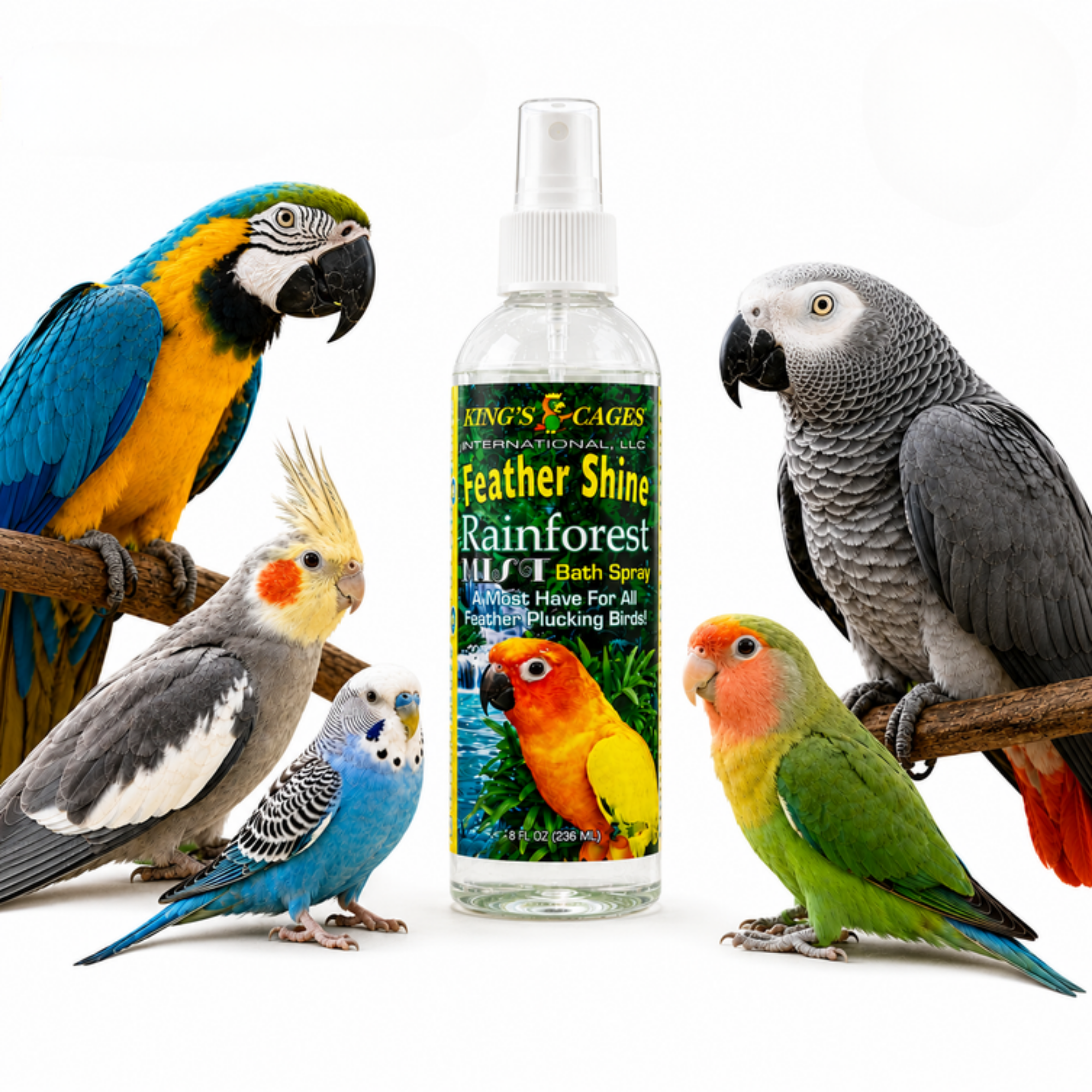 Kings Cages Rainforest Mist Feather Shine Bath Spray 8oz - Bonka Bird Toys