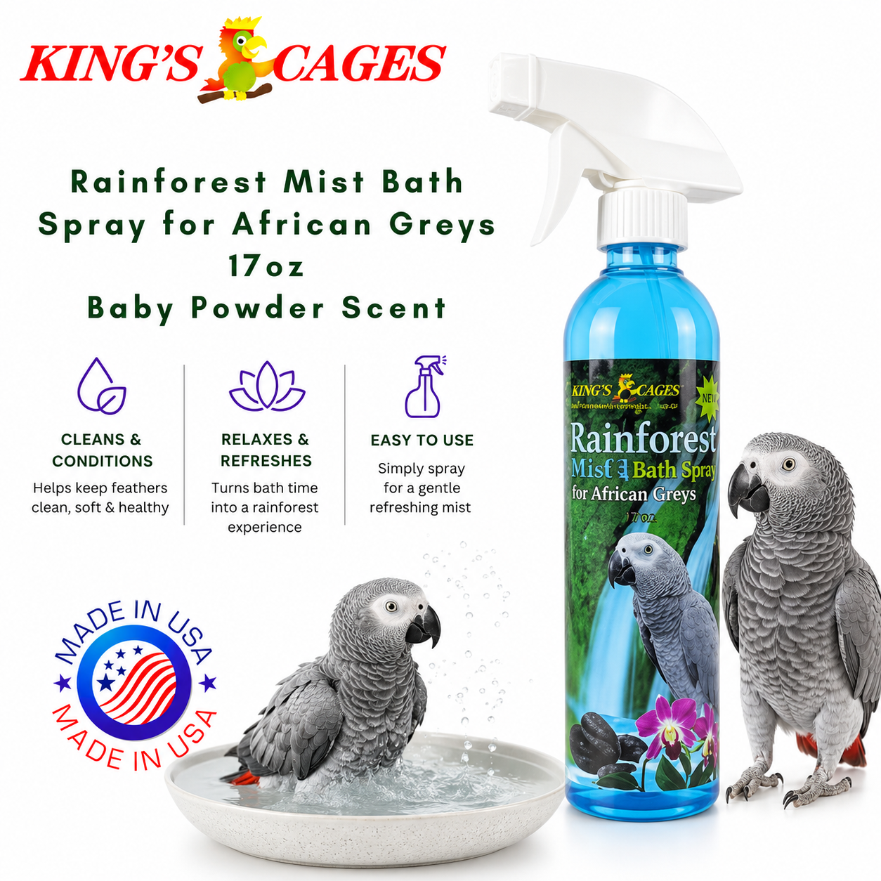 Kings Cages Rainforest Mist 17oz Bath Spray African Greys - Bonka Bird Toys