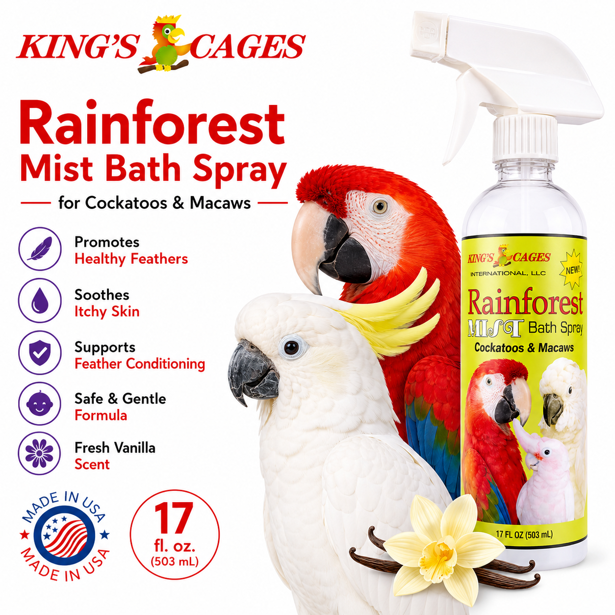 Rainforest Mist White 17oz Bath Spray Cockatoos and Macaws - Bonka Bird Toys