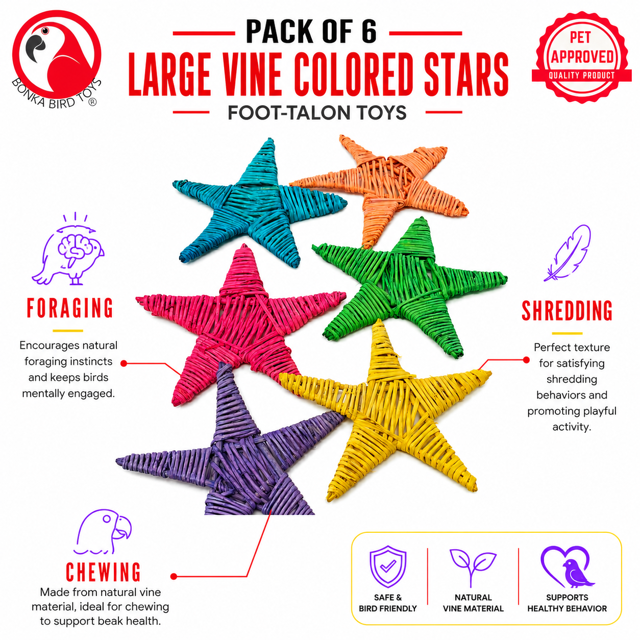 1287 Pk6 Large Color Vine Stars - Bonka Bird Toys