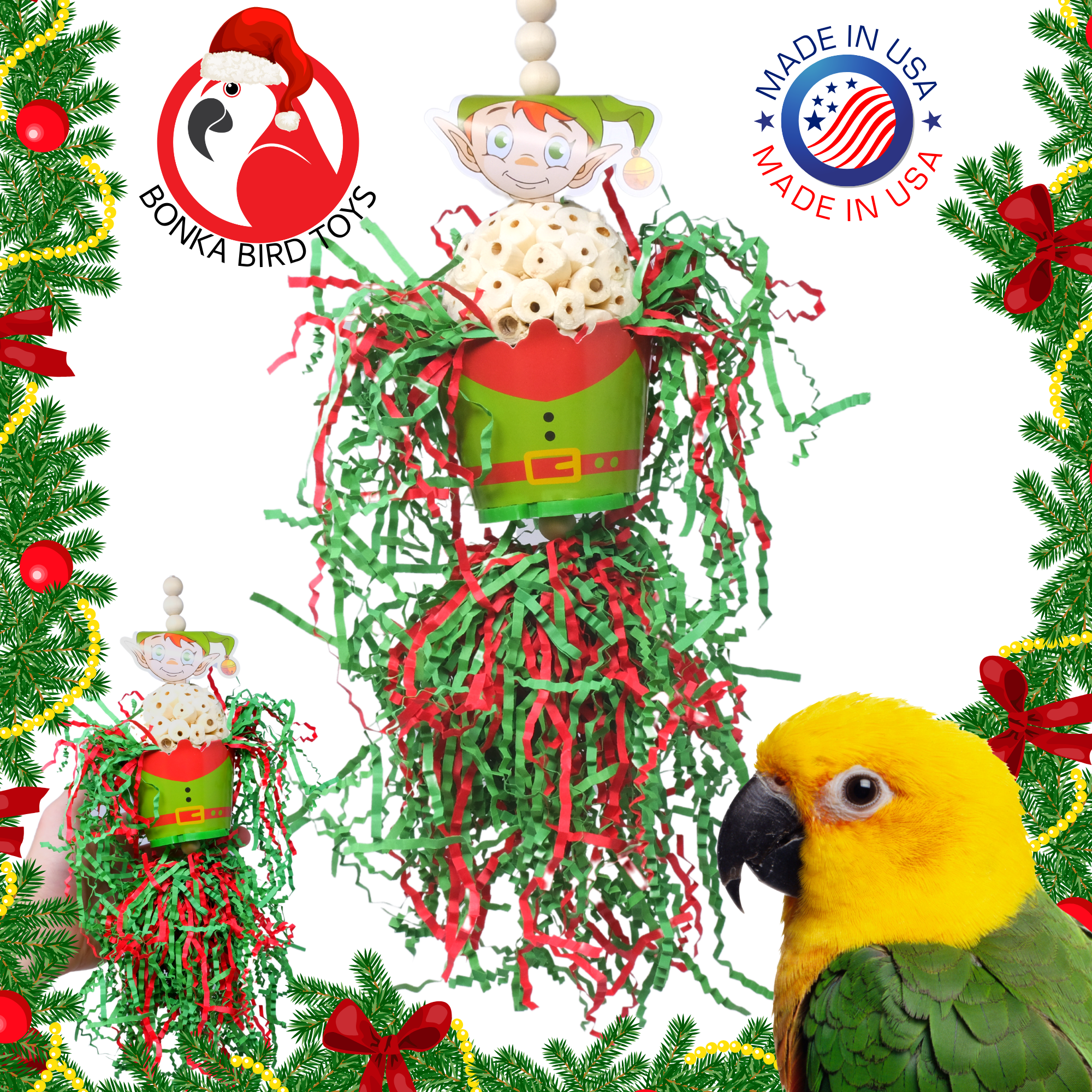 Bonka Bird Toys Christmas Elf Santa Snowman Reindeer Natural Sola Small Medium Bird Toys - Bonka Bird Toys