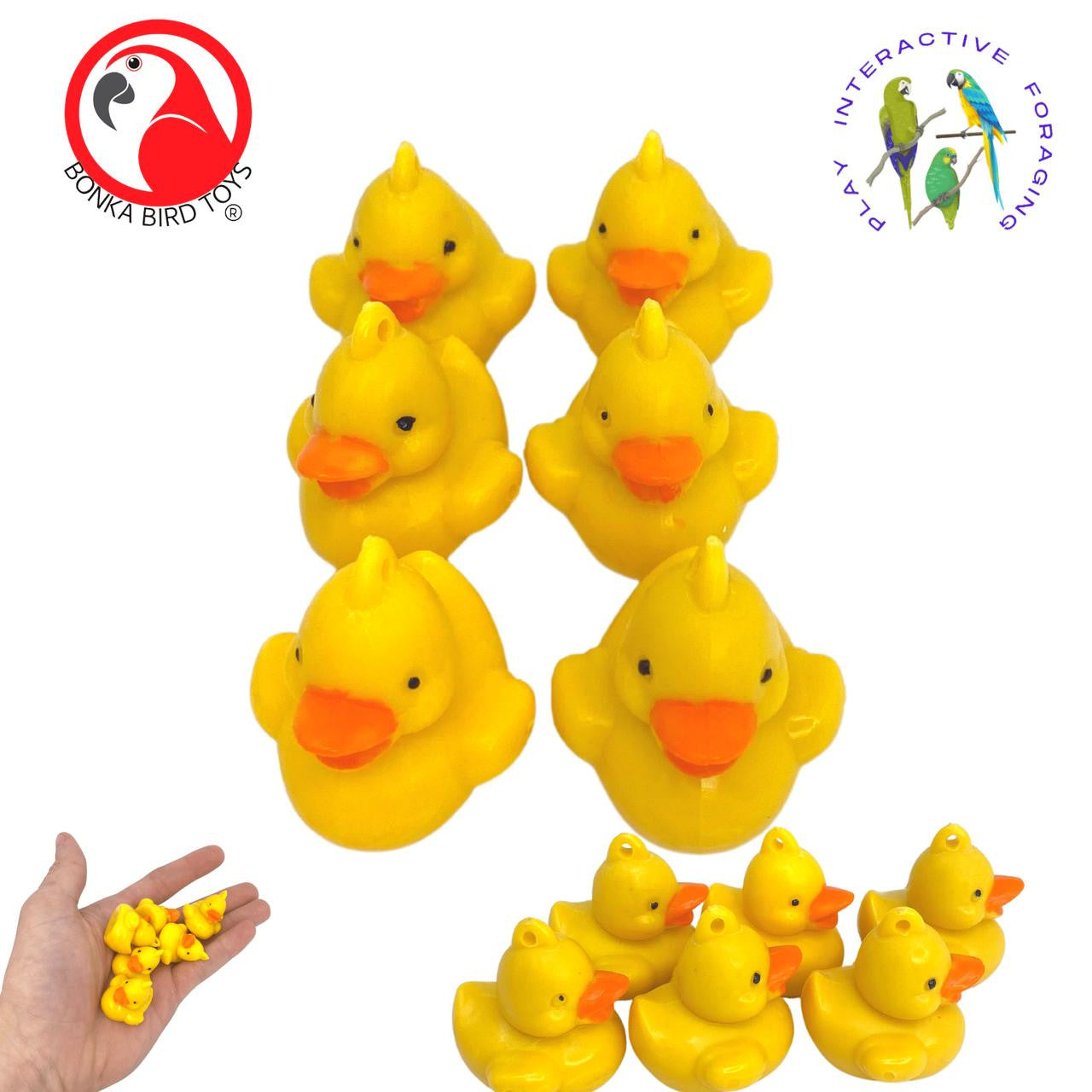 3773 Pk 6 Tiny Ducks from Bonka Bird Toys are beautiful bird enticing foot toys that look great in any cage or aviary you decide to install them in. The tiny ducks all have smooth edges that feel great in pet bird beaks and feet.