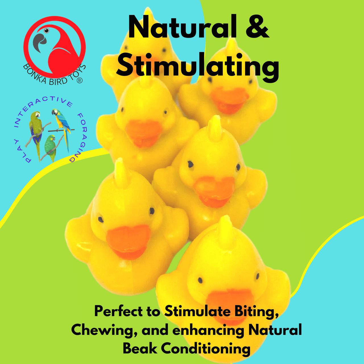 3773 Pk 6 Tiny Ducks from Bonka Bird Toys are beautiful bird enticing foot toys that look great in any cage or aviary you decide to install them in. The tiny ducks all have smooth edges that feel great in pet bird beaks and feet.