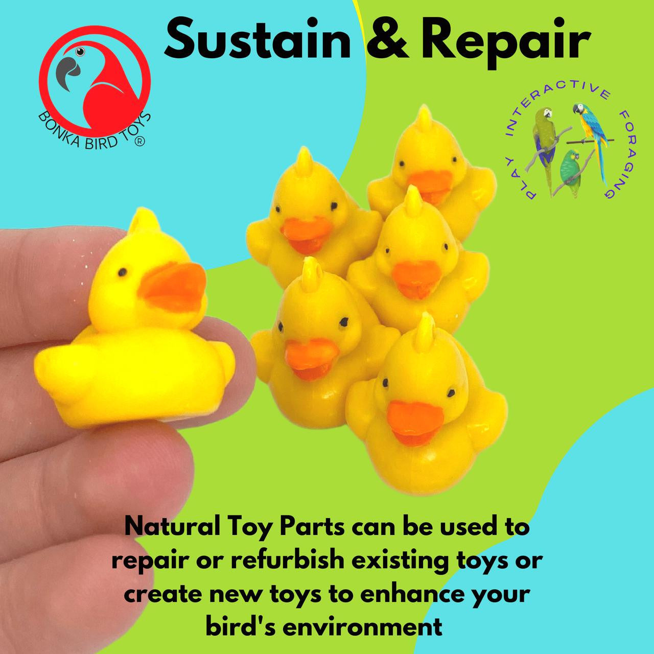 3773 Pk 6 Tiny Ducks from Bonka Bird Toys are beautiful bird enticing foot toys that look great in any cage or aviary you decide to install them in. The tiny ducks all have smooth edges that feel great in pet bird beaks and feet.