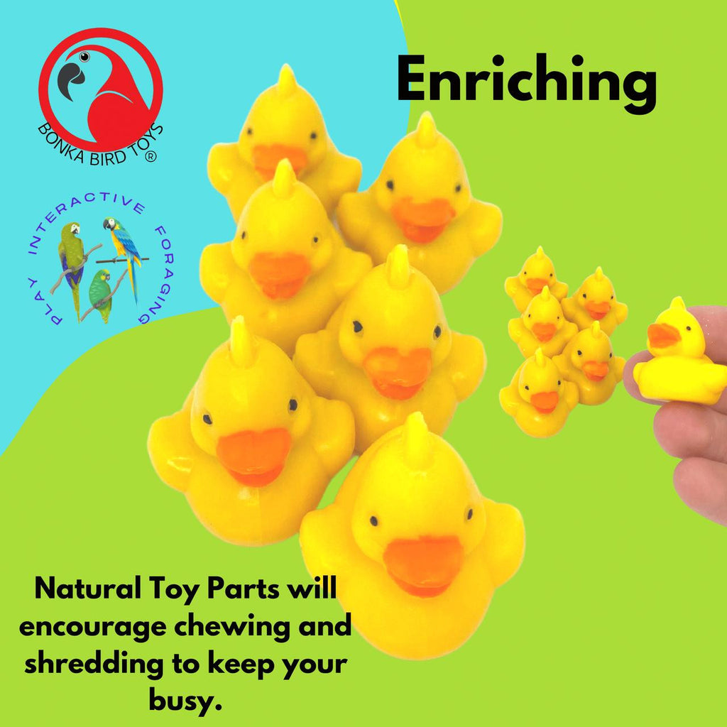 3773 Pk 6 Tiny Ducks from Bonka Bird Toys are beautiful bird enticing foot toys that look great in any cage or aviary you decide to install them in. The tiny ducks all have smooth edges that feel great in pet bird beaks and feet.