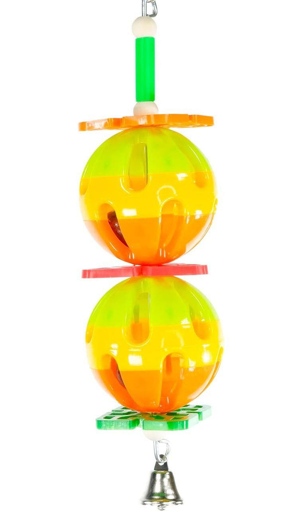 The 1570 Twin Ball a colorful and pleasing edition for your medium sized pet, two colorful rattle balls are pieced together with colorful plastic discs and it is finished out with a medium sized bell.