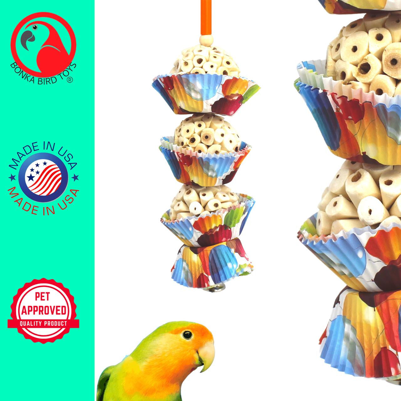 The 1931 Three Cake from Bonka Bird Toys is a colorful and shreddable bird toy with lots of natural Sola material! This bird toy has (3) natural sola balls.