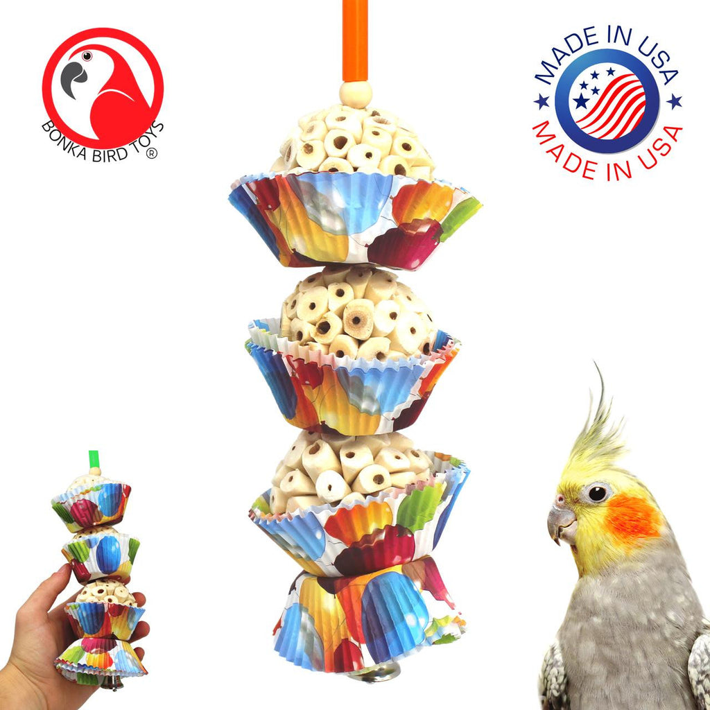The 1931 Three Cake from Bonka Bird Toys is a colorful and shreddable bird toy with lots of natural Sola material! This bird toy has (3) natural sola balls.