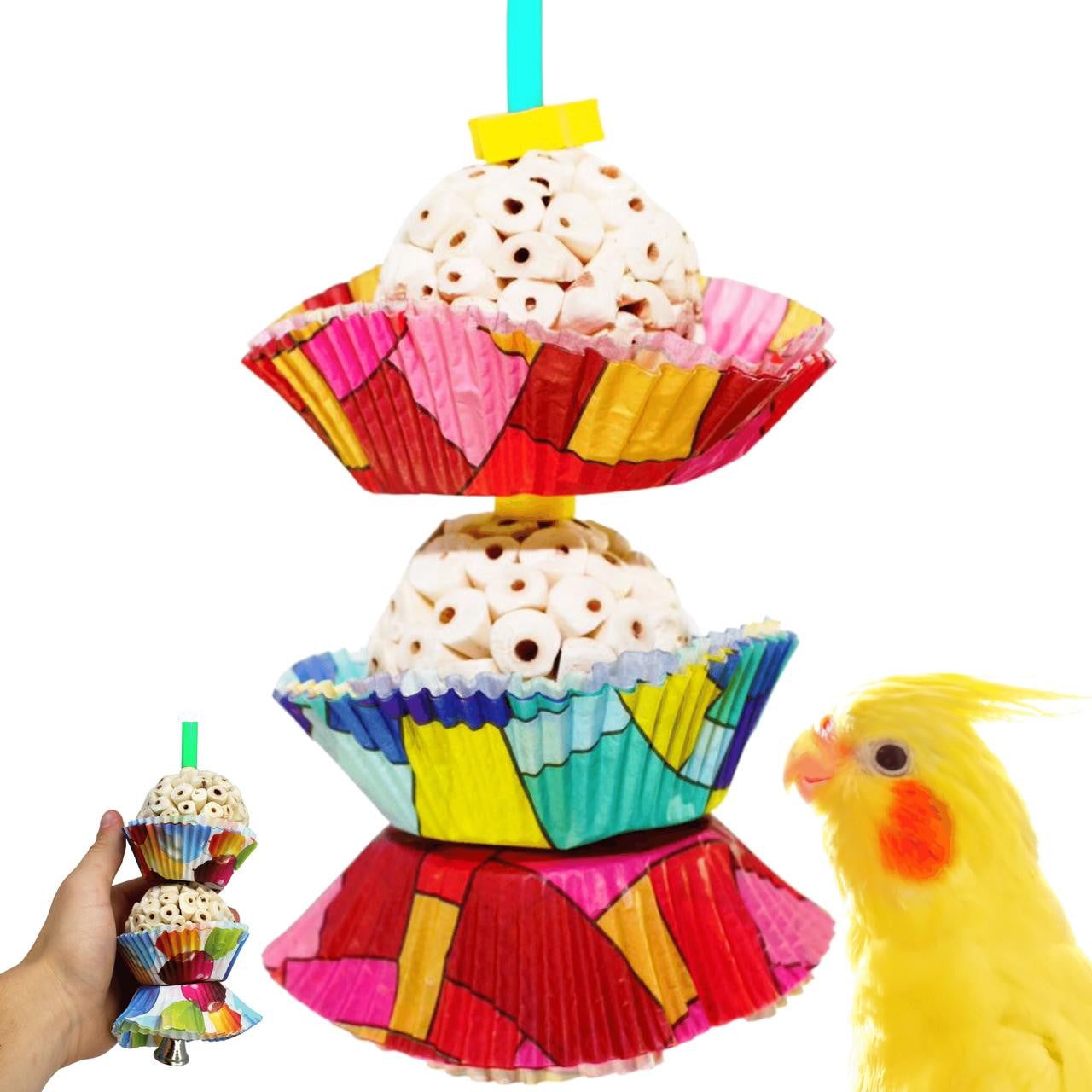 The 1932 Two Cake from Bonka Bird Toys is a colorful and shreddable medium sized bird toy! This toy has (2) natural sola balls and easy to shred colorful cup cakes