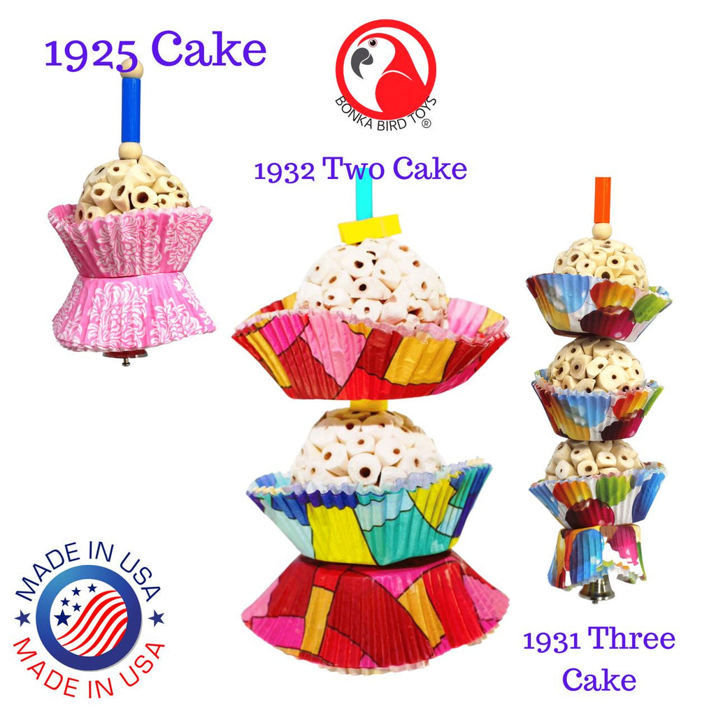 The 1932 Two Cake from Bonka Bird Toys is a colorful and shreddable medium sized bird toy! This toy has (2) natural sola balls and easy to shred colorful cup cakes