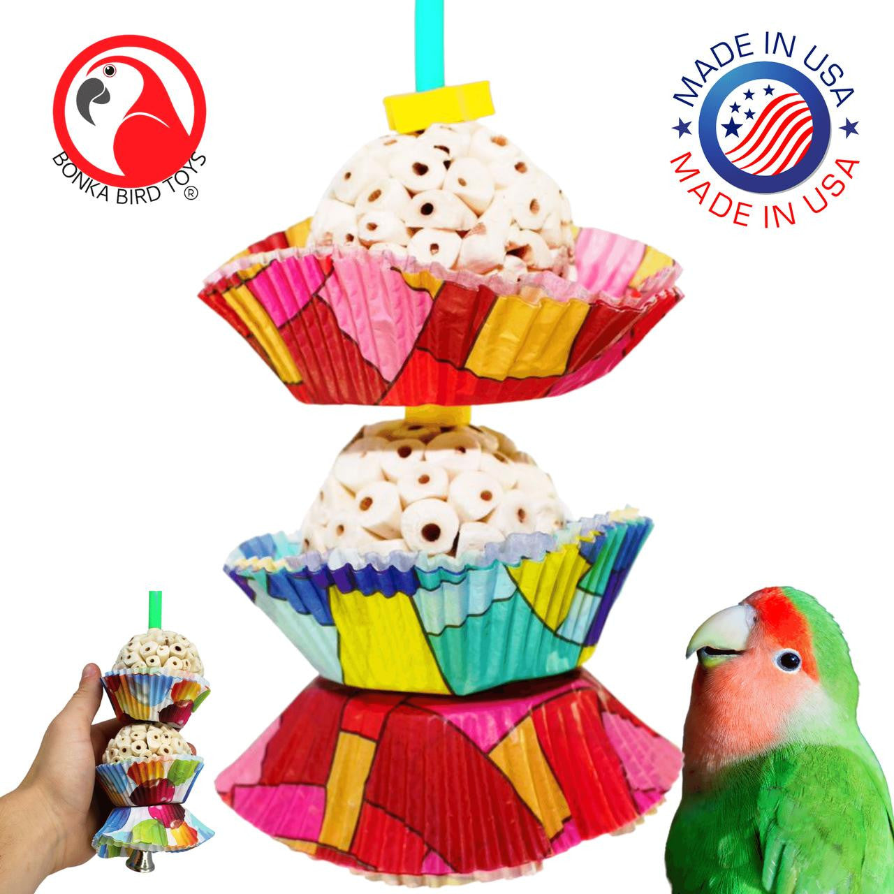 The 1932 Two Cake from Bonka Bird Toys is a colorful and shreddable medium sized bird toy! This toy has (2) natural sola balls and easy to shred colorful cup cakes