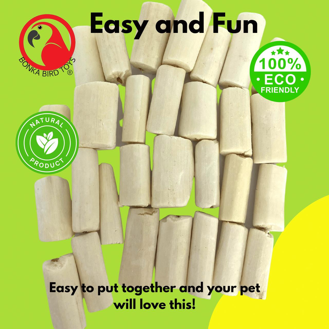 The 3349 Pk24 Mini Sola Chip Play from Bonka Bird Toys are ideal chewing and foraging items for your pet bird! These all-natural pieces have a soft texture making them easy for pets to chew. The pieces are made from the root of the Sola Plant and are 100% all-natural items.