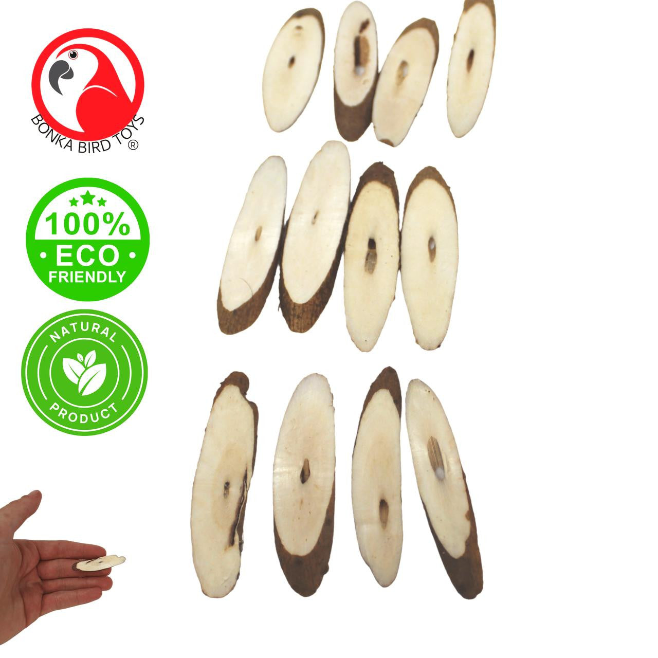 The 3405 Pk12  Extra Thin Natural Sola Slices from Bonka Bird Toys are ideal natural chewable bird foot toys for your small to medium-sized pet bird and other pets too!