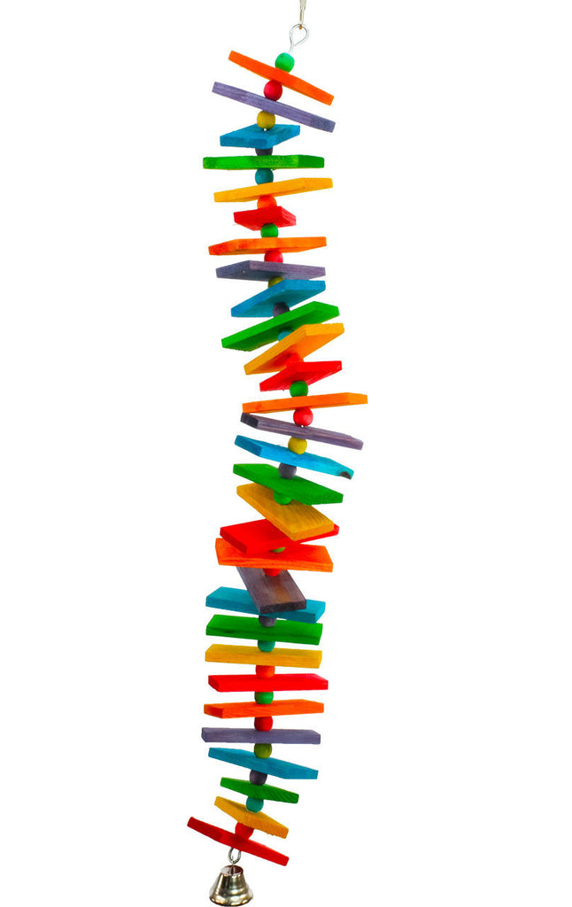 The 3628 Long Big Step From Bonka Bird Toys is a wonderful toy that is not over intimidating for those Large sized feathered companions in your life. Multiple colored wooden slats are stacked with polished, colored, wooden beads, a Large sized bell finishes it out at the bottom.